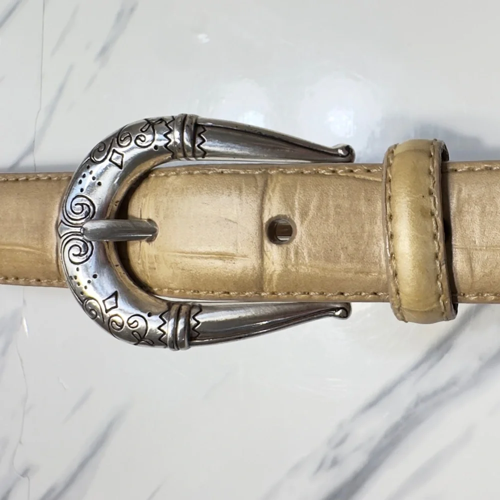 BRIGHTON | Silver Plated Buckle Tan Gold Croc Embossed Leather Belt Made In USA